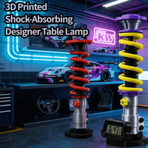 3D Printed Shock Absorber Desk Lamp with Digital Clock – Racing Coilover LED Table Light