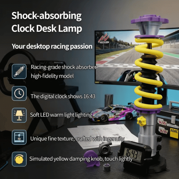 3D Printed Shock Absorber Desk Lamp with Digital Clock – Racing Coilover LED Table Light