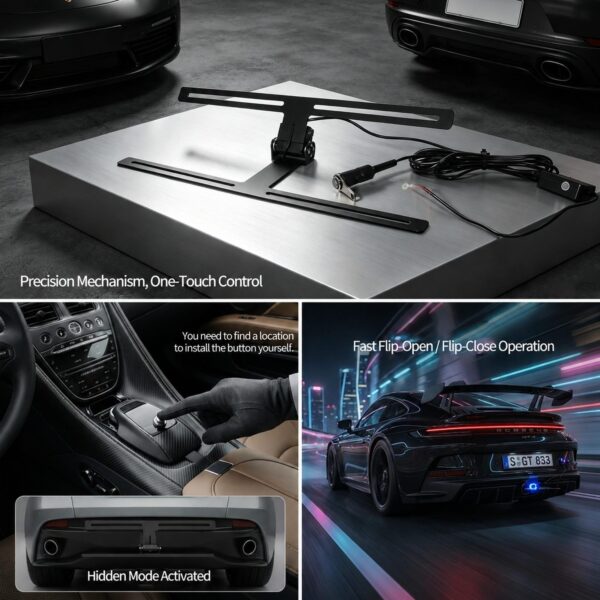 3 Electric Folding License Plate Holder – 90° Remote-Control Concealable Frame